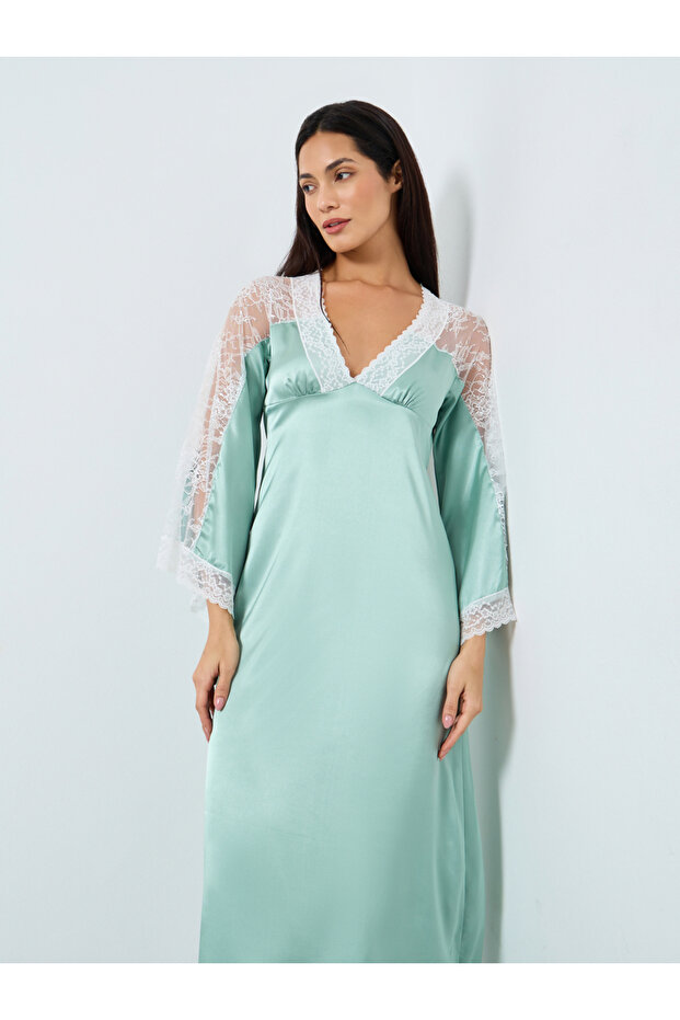 Contrast Lace Insert V Neck Satin Nightdress