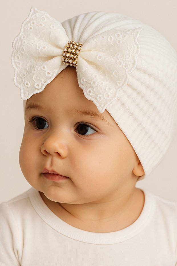 Baby Girl White Bow Detailed Cotton Waffle Bonnet