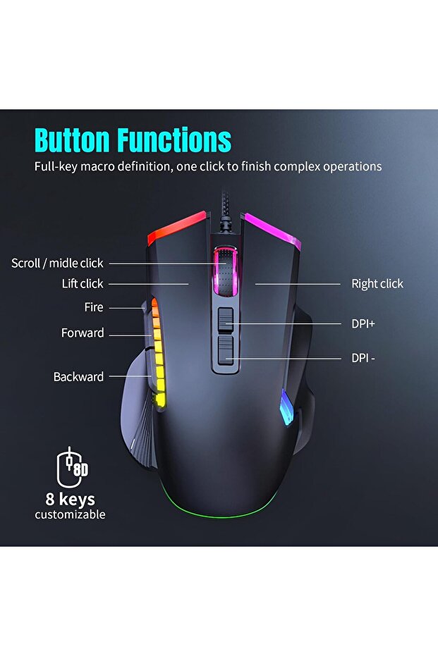 USB Wired Gaming Mouse, Adjustable Six DPI Optical Game Mouse with 8 Programmable - 2