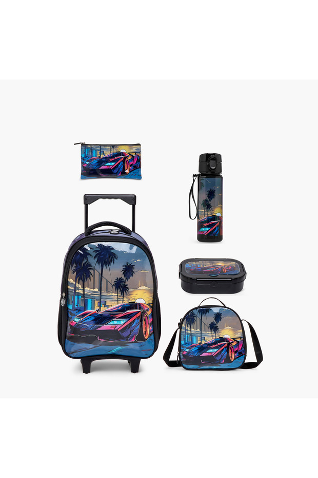 5-Piece Graphic Print Trolley Backpack Set - 16 inches