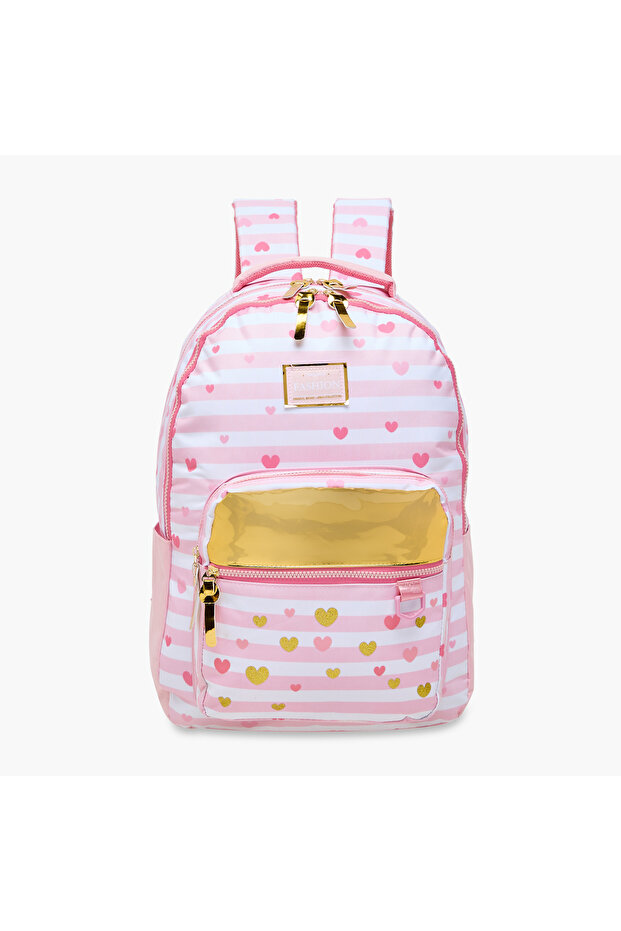 Printed Backpack with Adjustable Shoulder Straps and Zip Closure - 18 inches