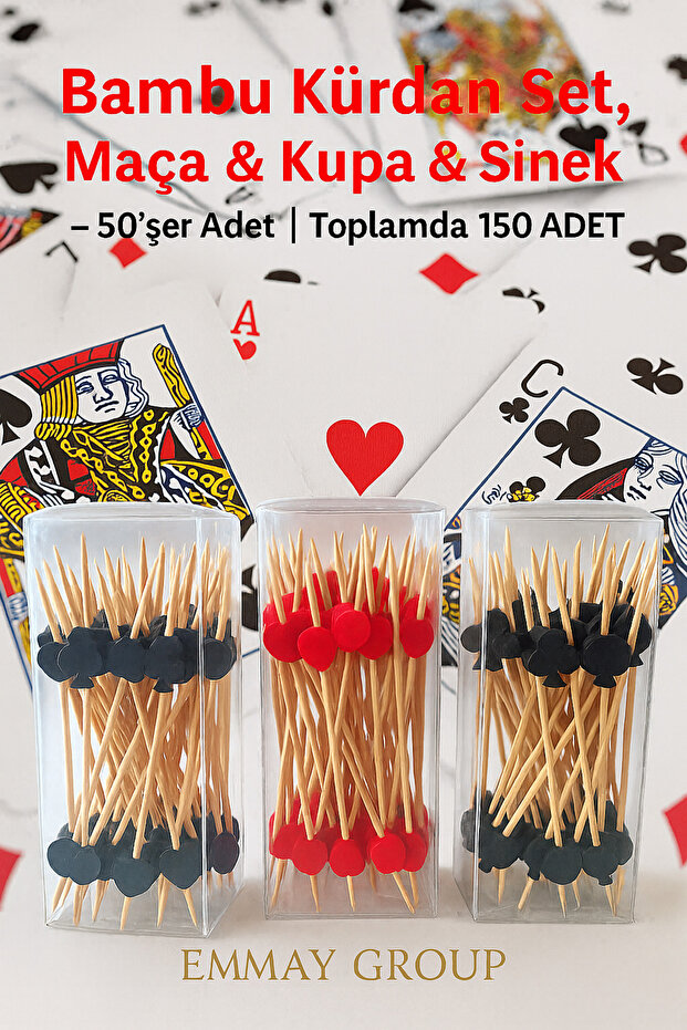 Set of 3, Bamboo Fly Swatter Toothpicks 50 Pieces + Bamboo Spade Toothpicks 50 Pieces + Bamboo Cup Toothpicks 50 Pieces, 12cm