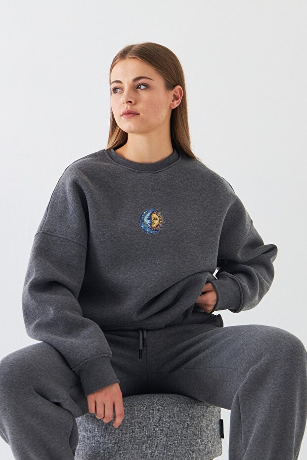 Women's Oversize Sweatshirt Sun & Moon Printed Smoked Melange – Crew Neck, 3 Thread Ribbed