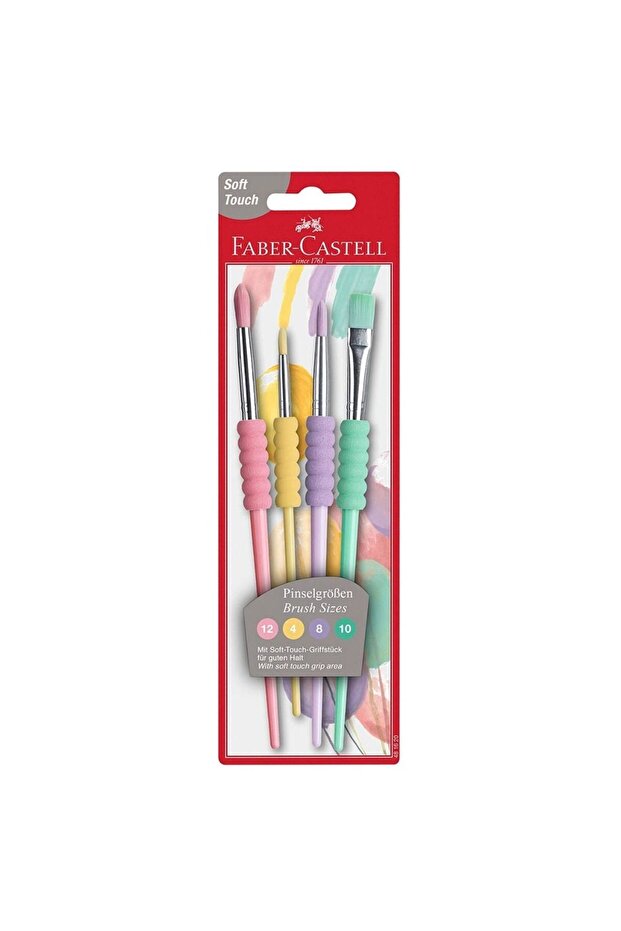 Faber Castell Soft Touch Fırça, 4 Çeşit, Pastel Renkler, 12-4-10-8 Numaralı Fırçalar, Kaydırmaz Tutucu Bölge
