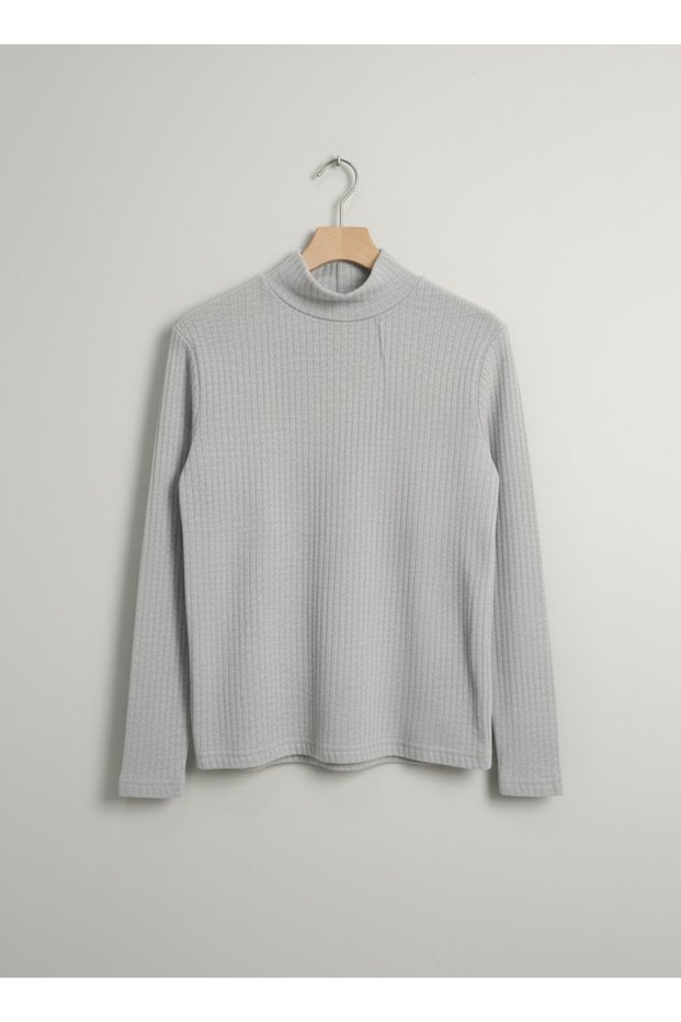 Girls and Boys Gray Corded Fabric Half Turtleneck Long Sleeve Bodysuit Undershirt