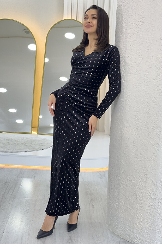 Women's Black Gold Patterned Draped Patterned Velvet Midi Length Pencil Dress
