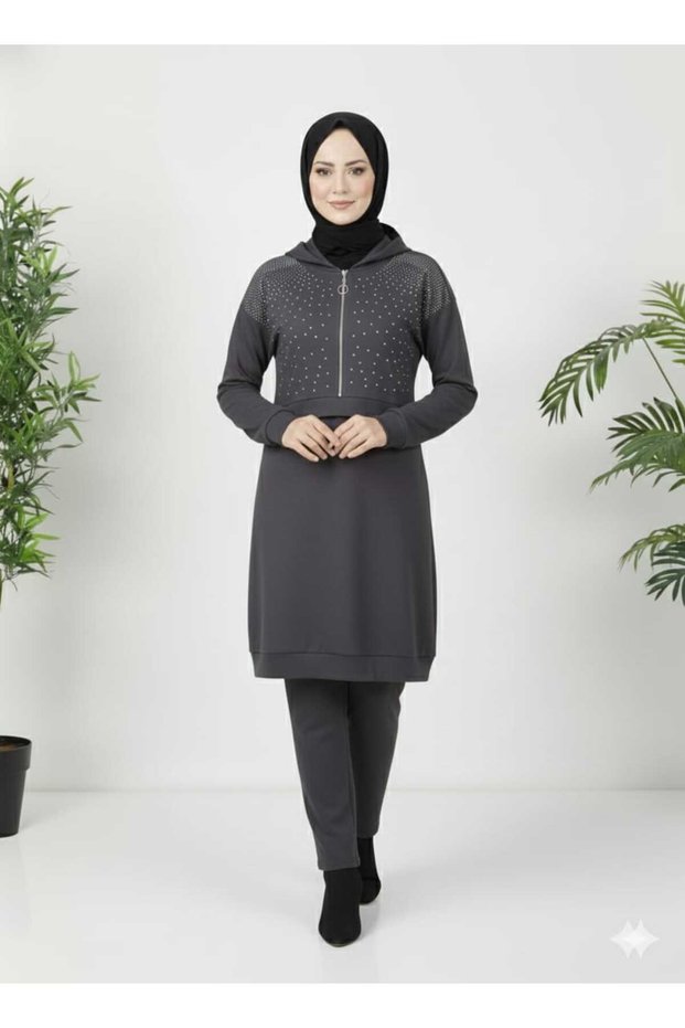 Women's New Season Stone-Collared Pants with Half Zipper K Hooded Top-Bottom Tunic Set