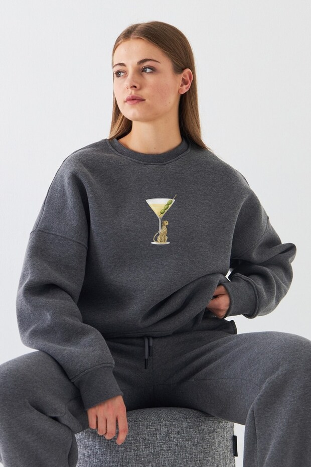 Women's Oversize Sweatshirt Martini Leopard Printed Smoked Melange – Crew Neck, 3 Thread Ribbed