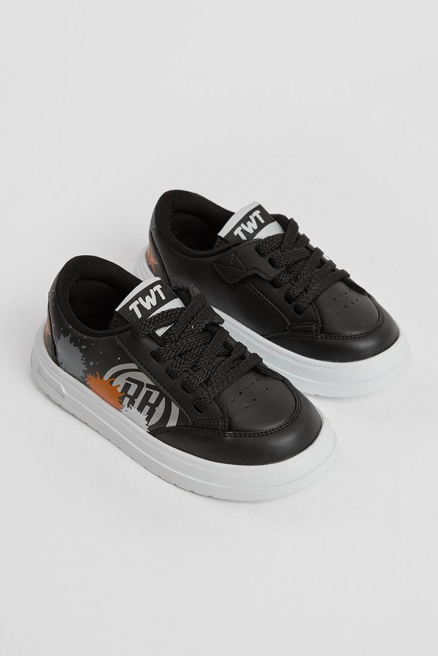 Children's Unisex Black Orange Eva Faylon Sole Patterned Lace-Up and Velcro Sports Shoes