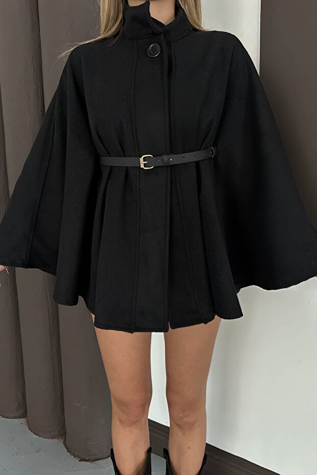 Belt Detailed Cashmere Black Poncho