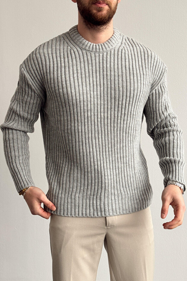 Erkek Gri Fitilli Örme Regular Triko Kazak - 3