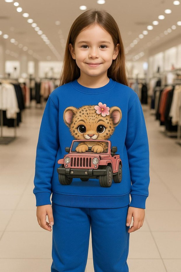 Car on the Top of a Cheetah Cub Patterned Tracksuit Set 3-4-5-6-7-8-9-10-11-12 Years