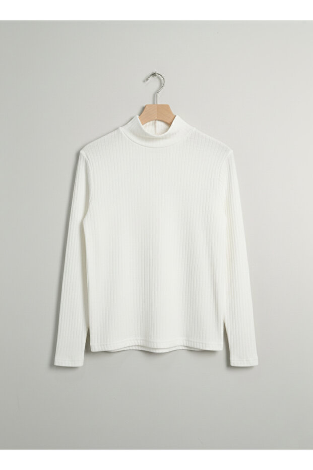 Girls and Boys White Corded Fabric Half Turtleneck Long Sleeve Bodysuit Undershirt
