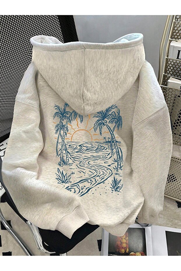 3Iplik Hooded Palm Tree Patterned Sweatshirt