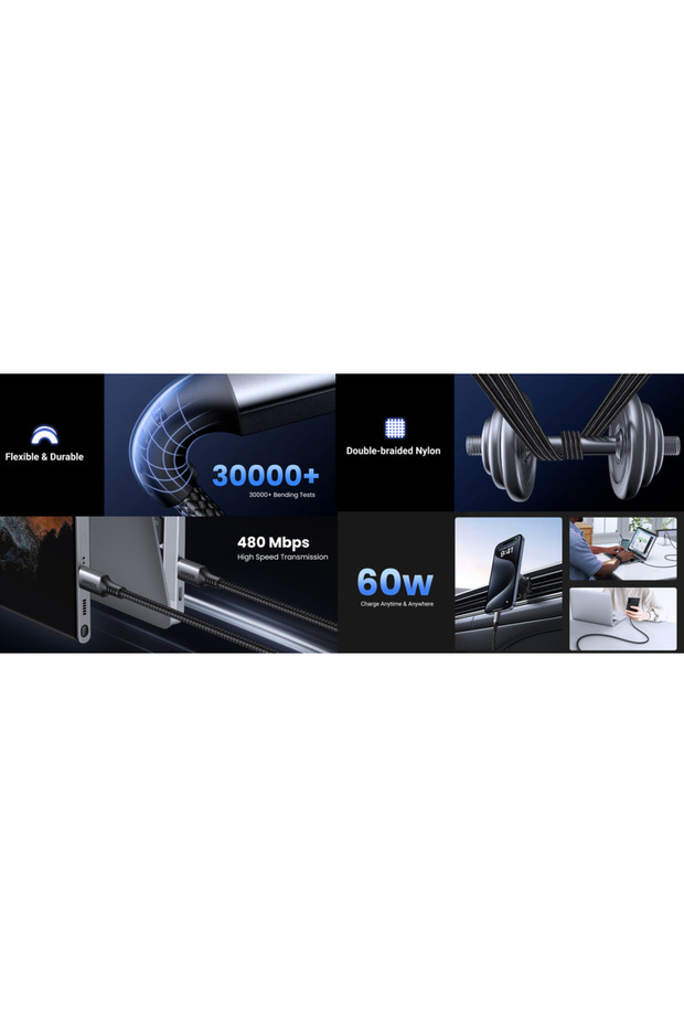 USB-C 60W 3A QC PD Örgülü Hızlı Şarj Kablosu, 1 Metre, Siyah, 15373 - 4