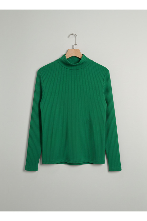Girls and Boys Green Corded Fabric Half Turtleneck Long Sleeve Bodysuit Undershirt