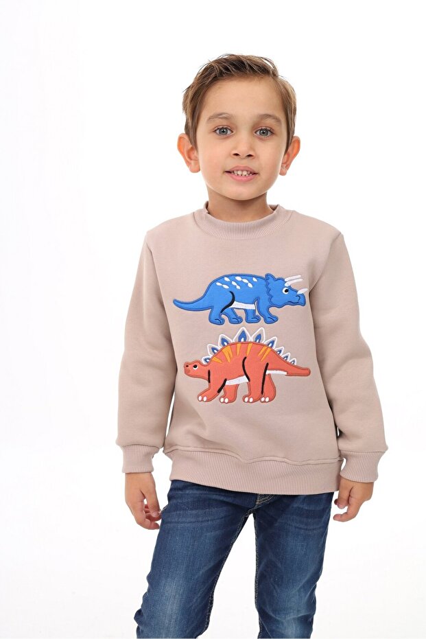 Beige Boy's Relax Fit Crew Neck Printed Sweatshirt - 2Yarn