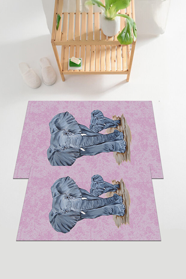 Digital Printed Washable and Non-Slip Based Elephant Patterned Bath Mat Toilet Set