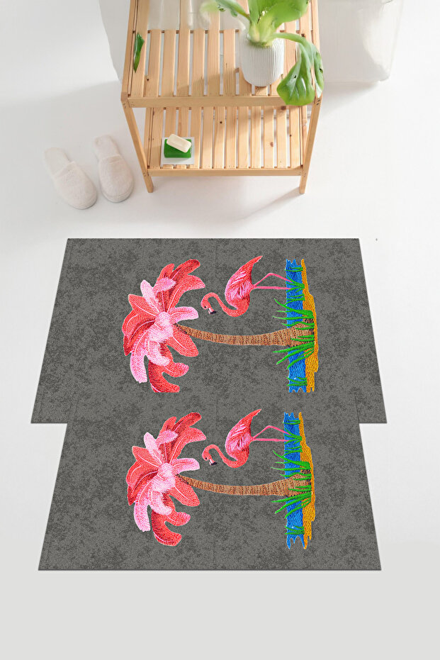 Digital Printed Palm Tree Patterned Bath Mat Toilet Set with Washable and Non-Slip Base