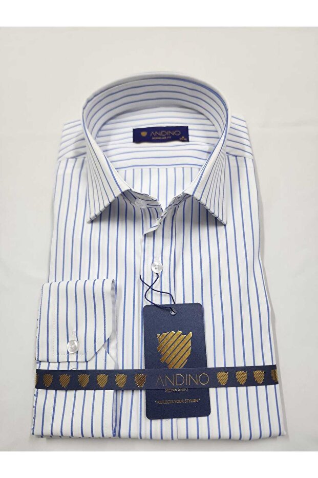 Regularfit Blue Striped Men's Shirt Stretch Fabric Stretch Fabric Collar with Button at the Bottom Ar0720711-01