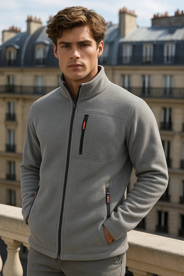Men's Zippered Basic Gray Loose Fleece