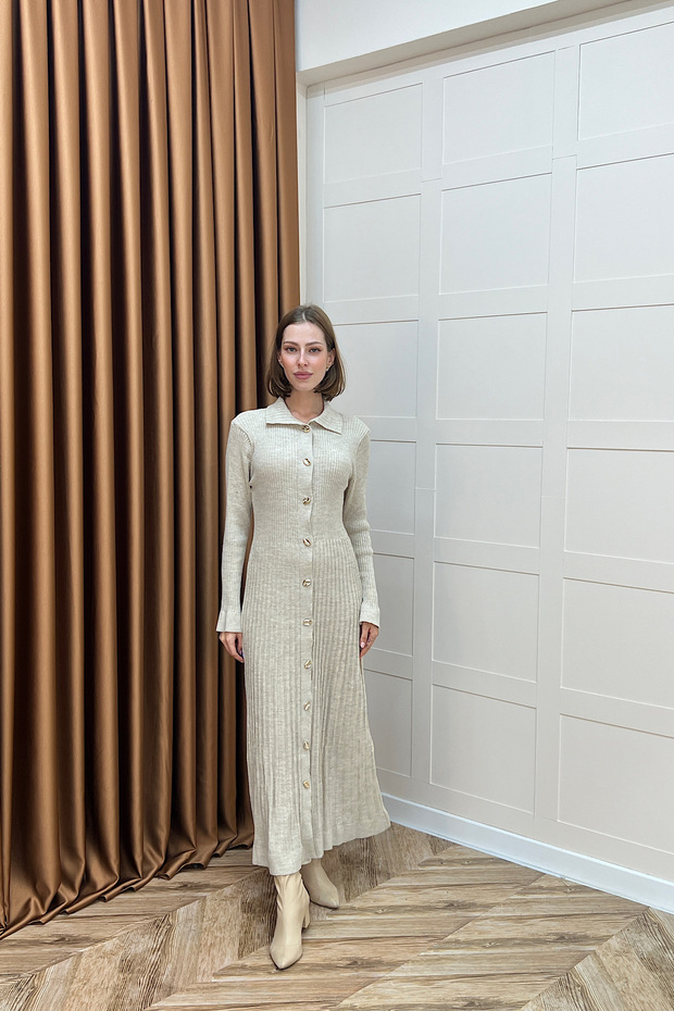 Endam Düğmeli Triko Elbise Taş - 3