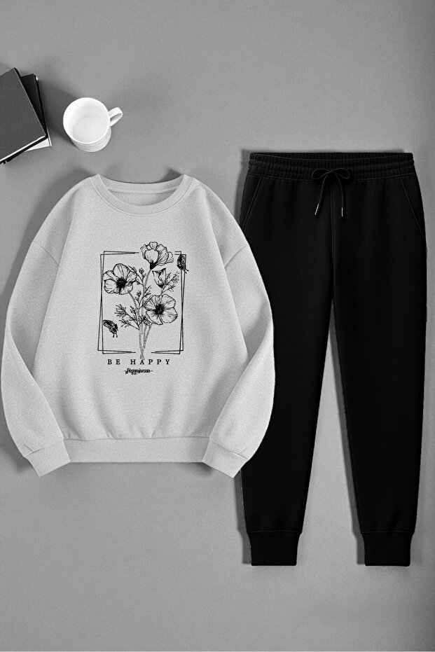 Unisex Ribbon Design Printed Crew Neck Sweatshirt 2-Piece Tracksuit Set