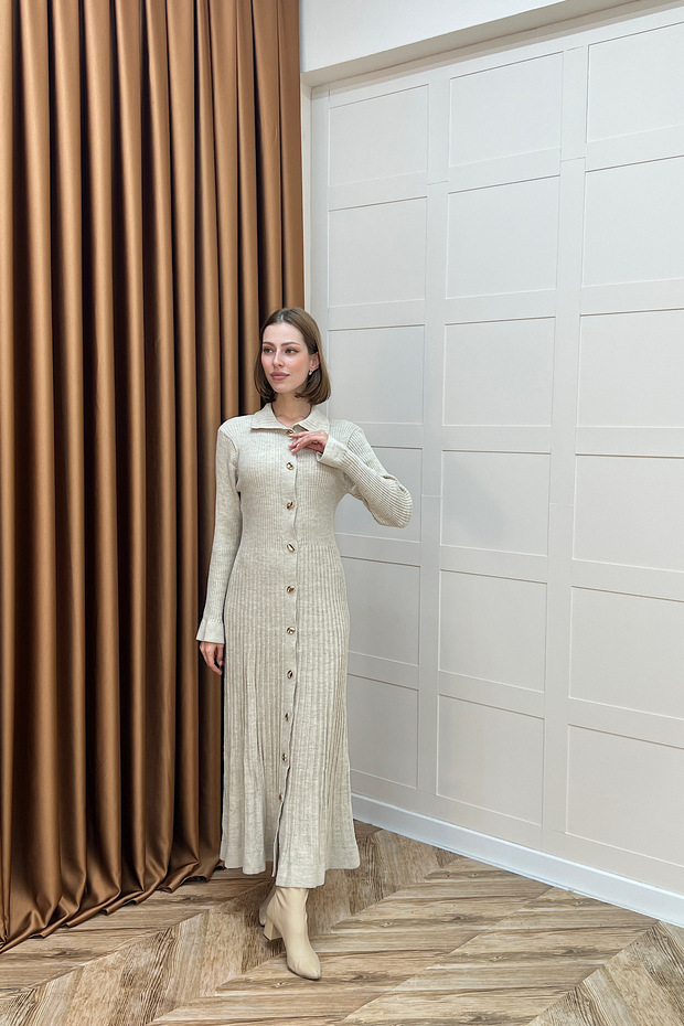 Endam Düğmeli Triko Elbise Taş - 7