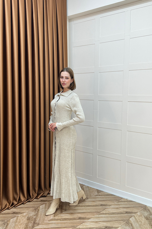 Endam Düğmeli Triko Elbise Taş - 5