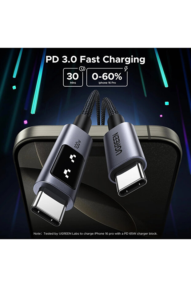 Uno USB-C 100W 5A QC PD Örgülü Hızlı Şarj Kablosu, 1 Metre, Siyah, 35501 - 3