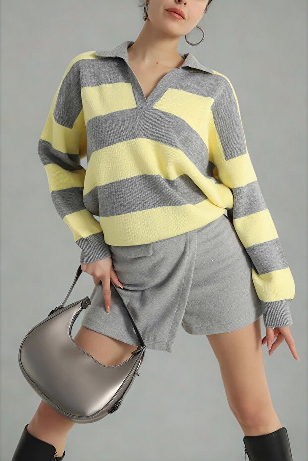 Polo Neck Gray Yellow Striped Knit Sweater