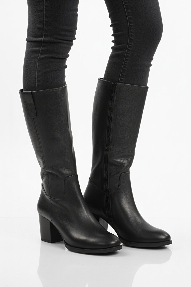 Black Genuine Leather Zippered Fleece Women's Boots 86620-1 Z