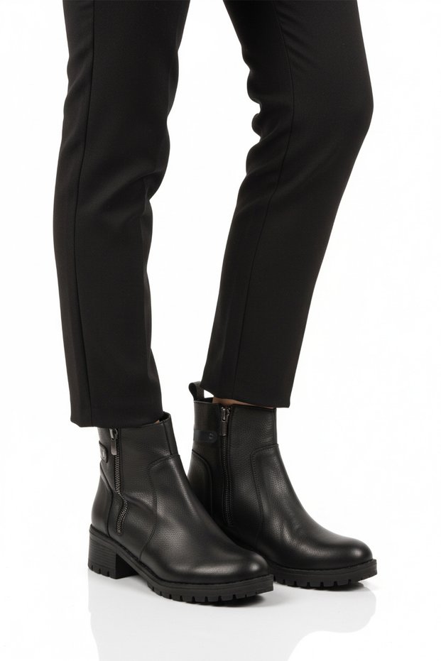 Black Genuine Leather Zippered Fleece Women's Heeled Boots 4663-1 Z