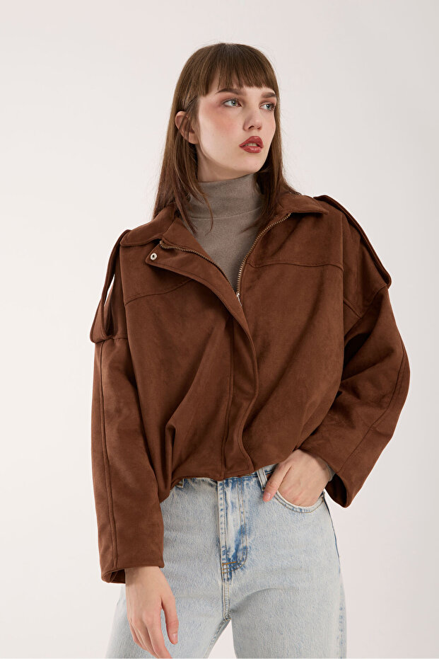 Kadın Taba Cepsiz Süet Oversize Bomber Ceket - 4