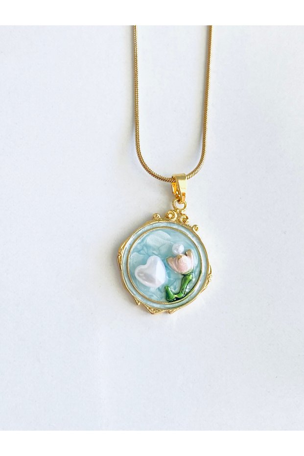 Steel Necklace with Light Blue Mineral Pearl, Round Necklace with Calabash Beads and Tulip Figures
