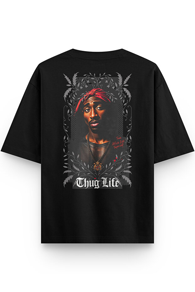 تي شيرت TuPac 2pac Back مطبوع Semi قصة فضفاضة باللون الأسود 1407