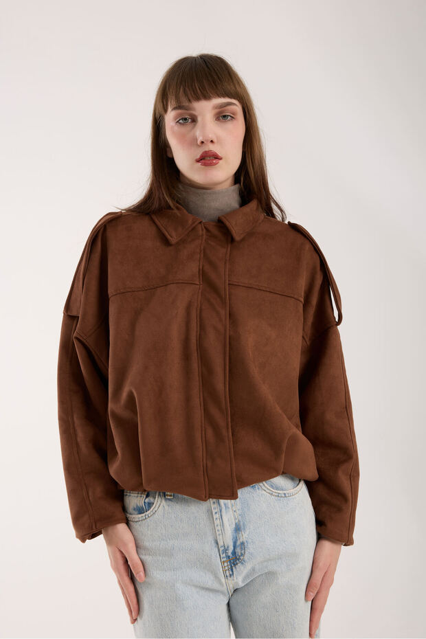 Kadın Taba Cepsiz Süet Oversize Bomber Ceket - 7