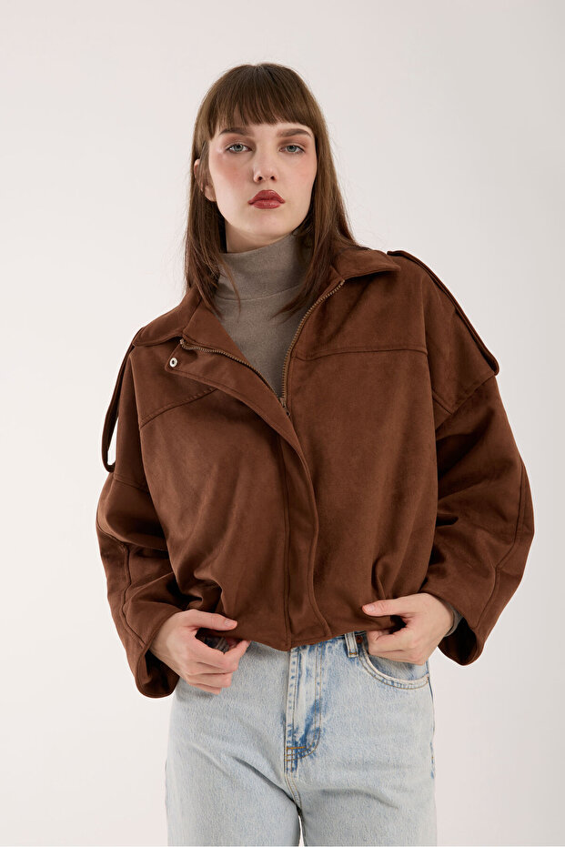 Kadın Taba Cepsiz Süet Oversize Bomber Ceket - 1