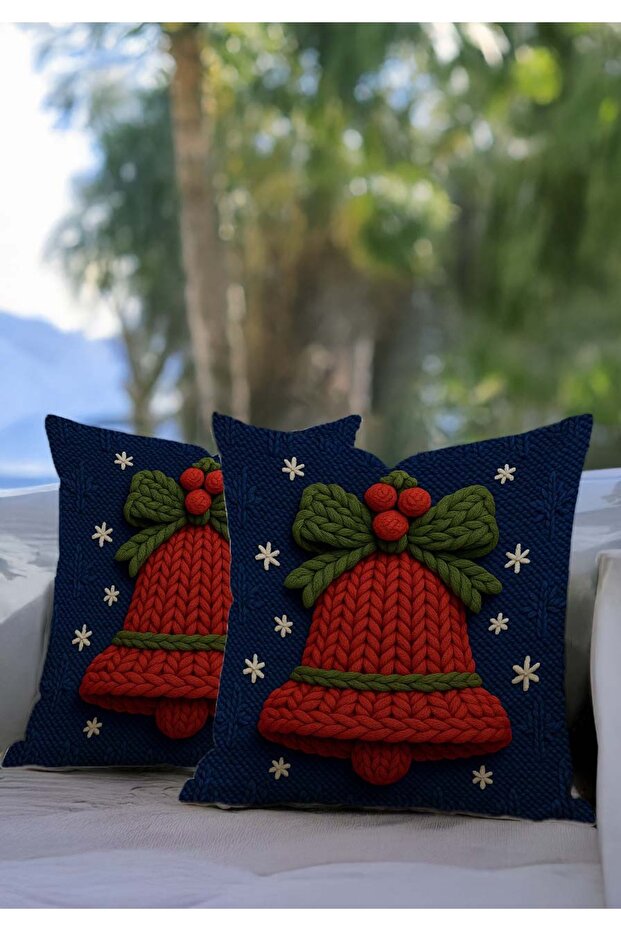 Punch Look Red Bell and Green Ribbon Christmas Themed Digital Printed Throw Pillow Cover Set of 2