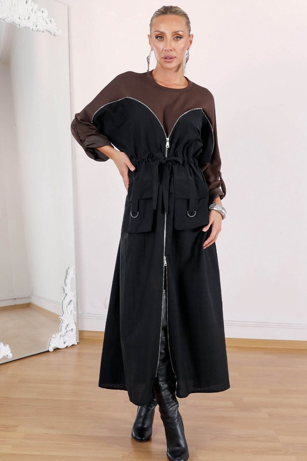 Women's Black Brown Top Side Modal Fabric Bottom Side Parachute Fabric Zipper Closure Long Dress