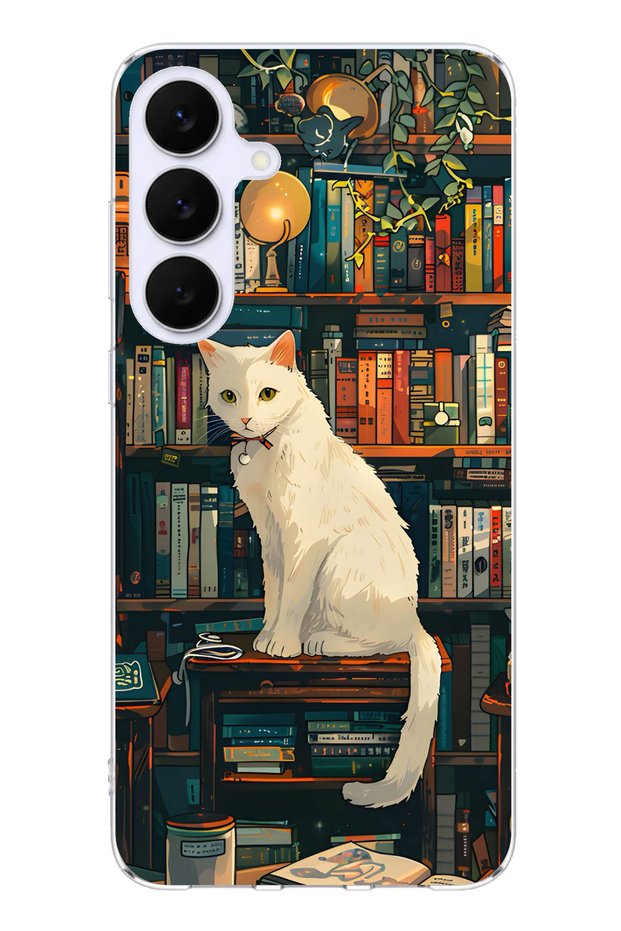 Printed Silicone Case with Bookshelf Design and White Cat Design Compatible with Samsung Galaxy S25 Fe