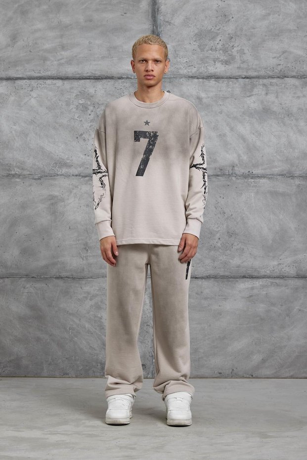 Men's Tracksuit Set Nmrc Number 7 Set Cream Oversize Loose Fit 3 Yarns Without Drawstrings