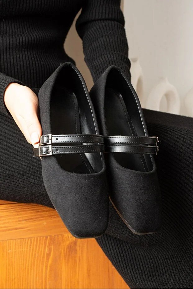 Gracy Women's Suede Buckle Ballerina Square Toe Elegant Flat Sole Casual Shoes