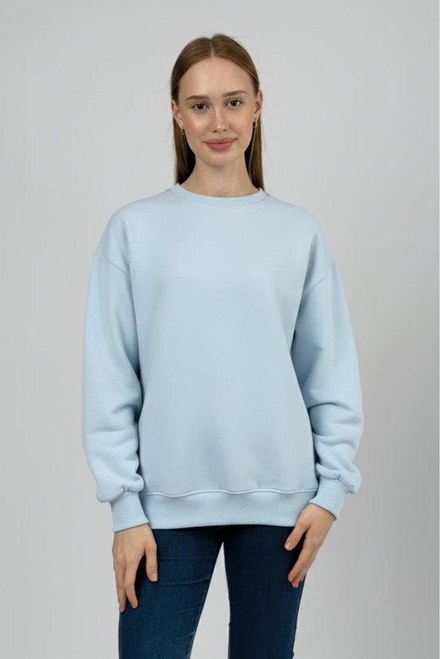 Women's Basic Cotton Fleece Lined Crew Neck Sweatshirt Blue