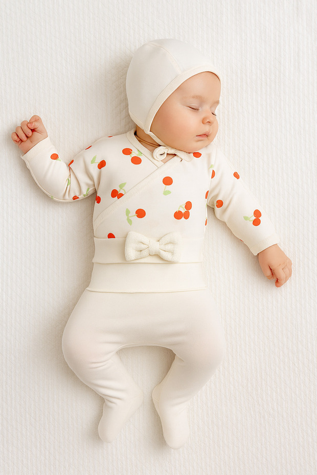 Baby Girl Set of 4 Pieces (0–3 Months) – Cherry Design with Inside-Out Stitch