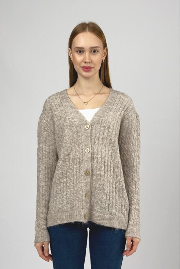 Women's V-Neck Knitted Knitwear Front Buttoned Short Cardigan Stone