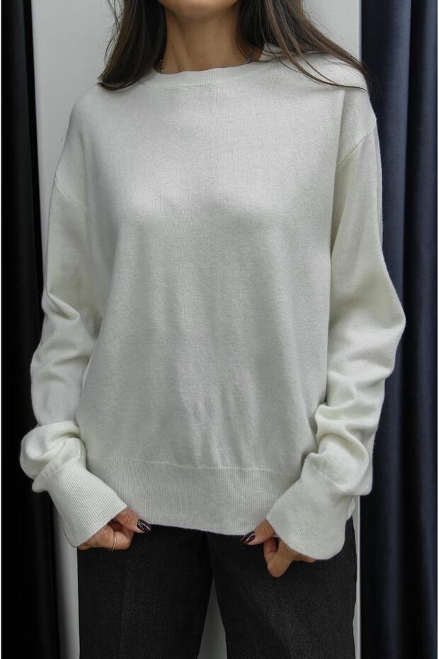 Ecru Wool Basic Knit Sweater - 4