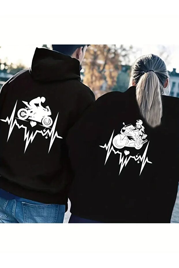 Sevgili Kombini Oversize Hoodie - Motorcycle Heart Rhythm Printed 3 Thread Unisex Sweatshirt 2-Pack Black