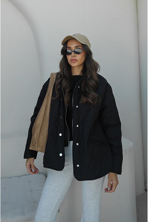 Black Garni Detailed Quilted Coat