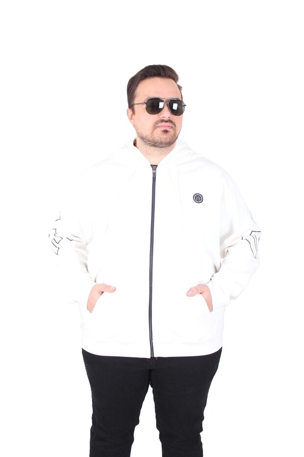 Large Size Hooded Zippered Sweat Double Face Ossi 25705 Ekru